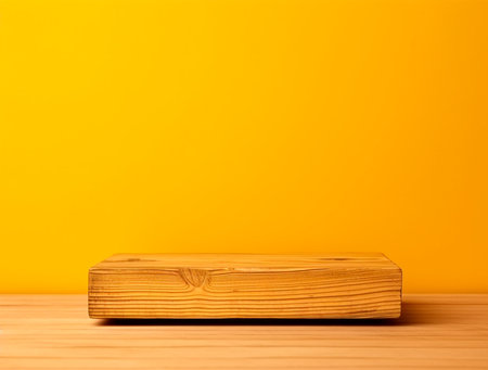 Empty wooden platform on yellow background with copy space for product presentation.の素材