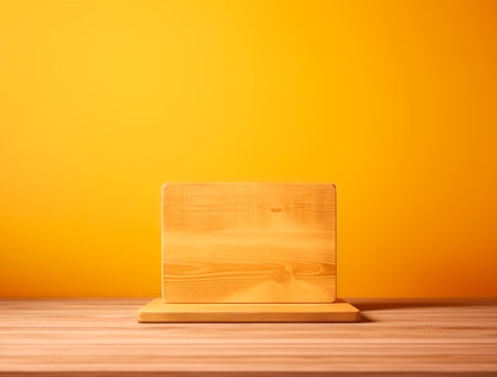 Empty wooden podium on yellow background. Mockup for product presentation.の素材
