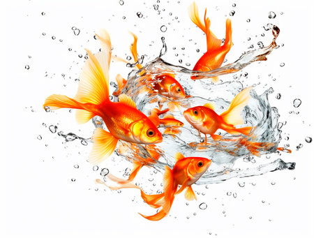 Goldfish in water on a white background. 3d rendering.の素材
