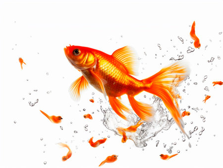 Goldfish jumping into water. Isolated on a white background.の素材