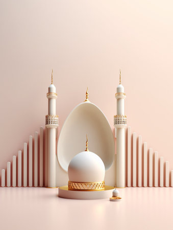 Minimalistic display podium with mosque and abstract geometric shapes. 3d renderの素材