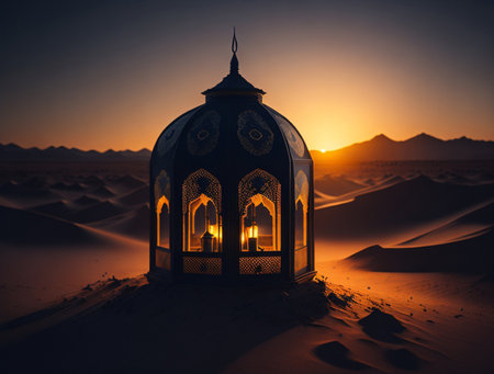 Lantern in the desert at sunset. Ramadan Kareem backgroundの素材