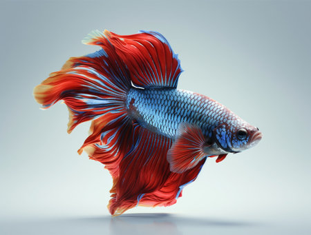 Capture the moving moment of red-blue siamese fighting fish isolated on grey background. Betta fish.の素材