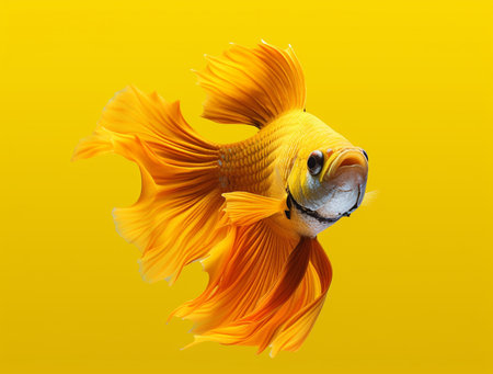 golden betta fish isolated on yellow background, fighting fish.の素材