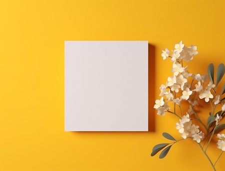 Creative flat lay overhead top view mockup of white paper card with beautiful gypsophila flowers on pastel yellow background with copy spaceの素材