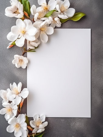 Blank card with white sakura flowers on a gray background.の素材