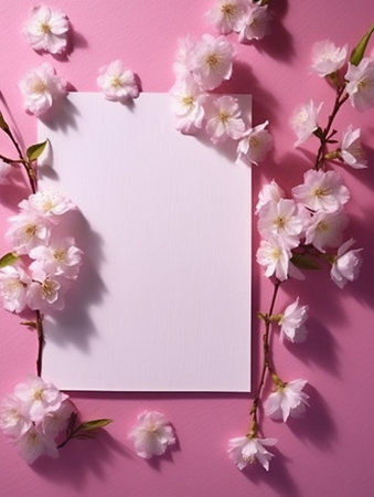 Blank sheet of paper and spring flowers on a pink background.の素材