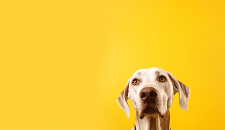 Studio shot of a cute Dalmatian dog against a yellow background.の素材