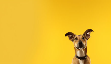 Funny dog on yellow background with copy space. Portrait of funny pet.の素材