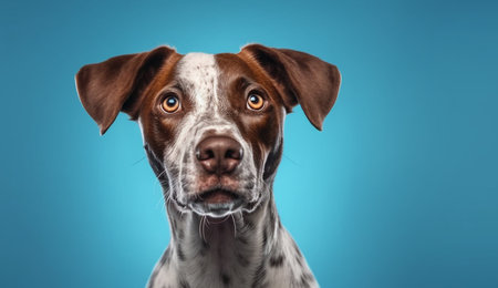 Funny dog looking at the camera on a blue background with copy spaceの素材