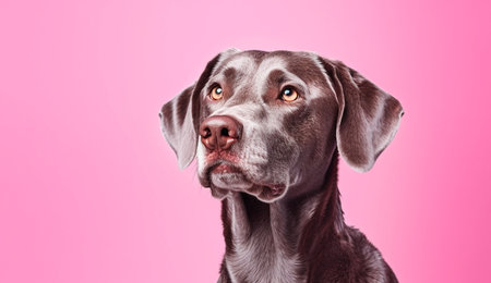 Close up portrait of a weimaraner dog on pink backgroundの素材
