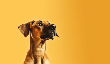 Portrait of a Rhodesian Ridgeback dog on a yellow backgroundの素材