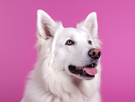 White Swiss Shepherd Dog on a pink background. Studio shot. Close-up.の素材