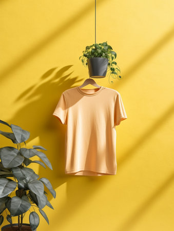 T-shirt hanging on yellow wall with plant, 3d renderの素材
