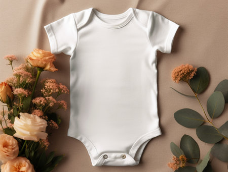 top view of baby bodysuit and flowers on beige backgroundの素材