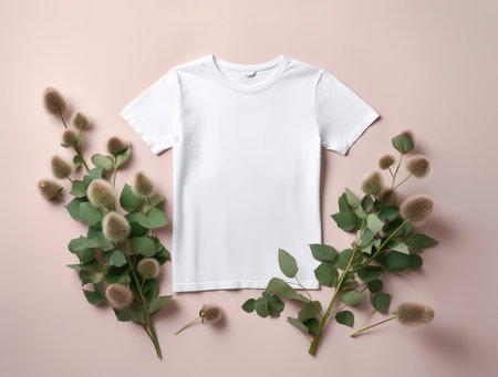 White t-shirt mockup with eucalyptus branches on pink backgroundの素材