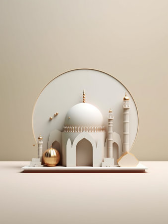 3d illustration of Minimal design with mosque and golden lanternsの素材