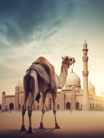 Camel in front of Taj Mahal in Agra, Indiaの素材