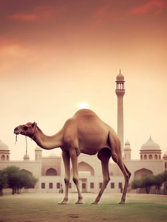 Camel in front of the Taj Mahal in Agra, Indiaの素材