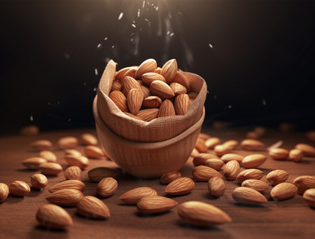 Almond in a wooden bowl on a dark background. Healthy snack.の素材