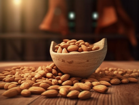 Almond in a wooden bowl on a wooden table. Selective focus.の素材