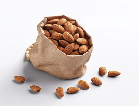 Almonds in a bag on a white background. Healthy food.の素材