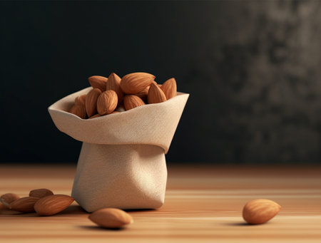 Almond nuts in a paper bag on a wooden table and dark backgroundの素材