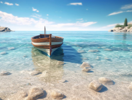 Boat on the seashore. 3D render and illustrationの素材