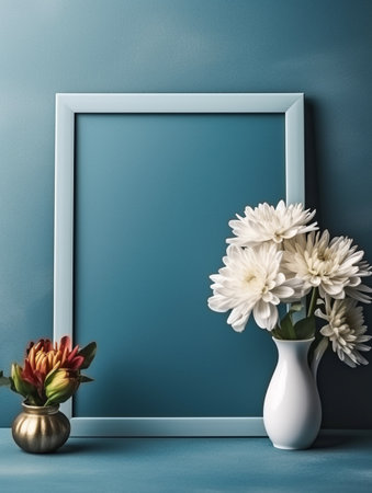 flowers in vase and frame on blue background with copy spaceの素材