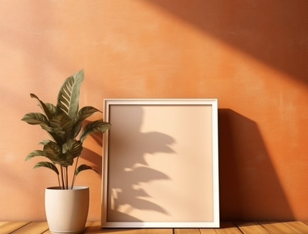 Blank picture frame mockup on orange wall background. 3d renderの素材