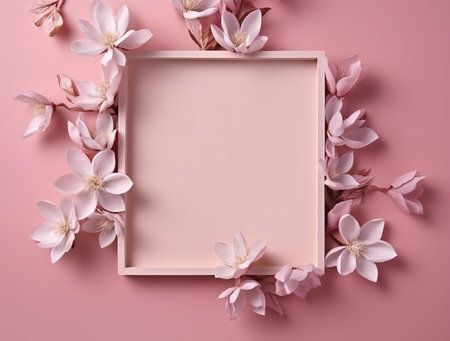 Flowers composition. Frame made of pink sakura flowers on pink background. Flat lay, top view, copy spaceの素材