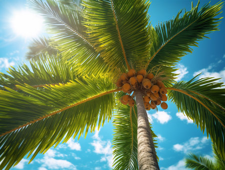 Palm tree with coconuts against the blue sky with cloudsの素材