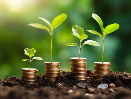 Investment concept, Coins stack growing on coins background, business ideaの素材