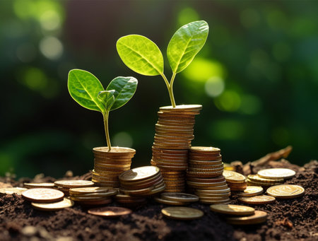 plant growing out of coins with green bokeh background, business growth conceptの素材