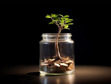 Small tree growing in a glass jar with coins on a black backgroundの素材