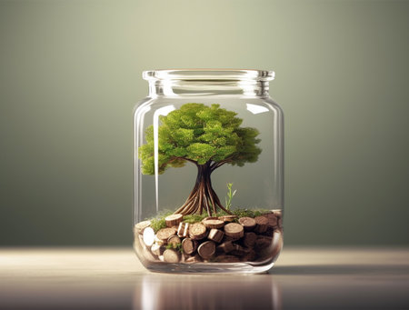Tree in a glass jar with coins, concept of investment and savingsの素材