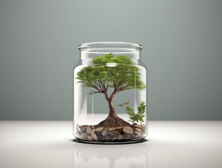 Glass jar with tree and coins in it. 3D rendering.の素材