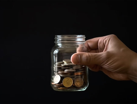 Coins in a glass jar on a black background. Saving money concept.の素材