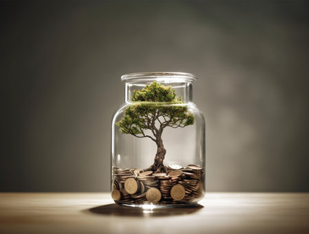 Glass jar with tree growing on coins, concept of saving money for futureの素材