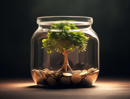 Investment concept with tree growing out of coins in a glass jarの素材