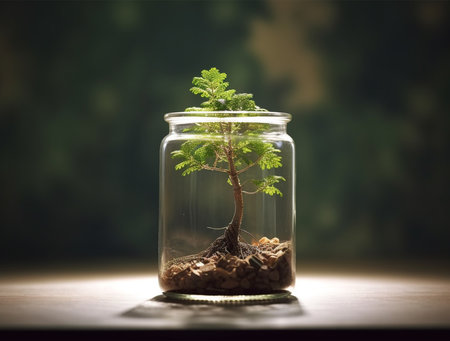 Small tree in glass jar with soil on wooden table and dark backgroundの素材