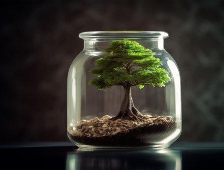 bonsai in a glass jar on a dark background with copy spaceの素材