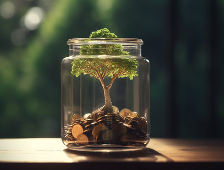 Tree growing from coins in a glass jar with filter effect retro vintage styleの素材