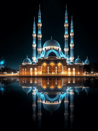 Beautiful mosque with reflection in water at night, Suleymaniye Mosque, Istanbul, Turkeyの素材
