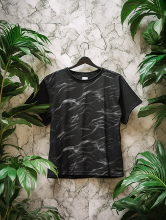 Black t-shirt on a hanger among tropical plants on a marble backgroundの素材