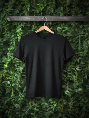 Black t-shirt hanging on wooden hanger over green leaves wallの素材