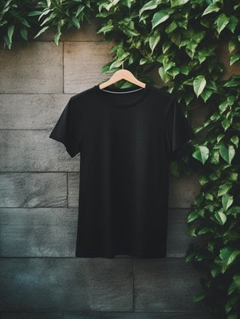 Black T-shirt mockup on wooden hanger with green leaves backgroundの素材