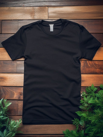 Black t-shirt on wooden background. T-shirt mockupの素材