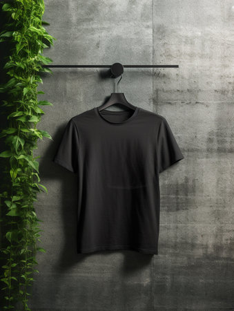 Black t-shirt hanging on a wooden hanger. 3d renderingの素材