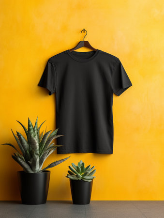 Black t-shirt mockup hanging on yellow wall with succulent plantの素材